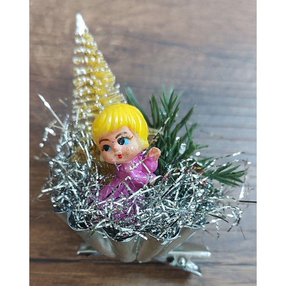 Handmade Tart Tin Vintage Angel Clip On Ornament Holly Berry Sisal Tree O6
